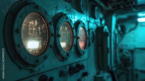 Obraz Teal-lit Vintage Control Panel with Analog Gauges