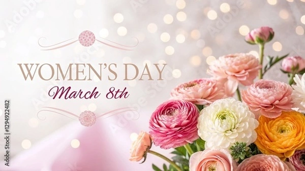 Obraz Women's Day celebration graphic with flowers and text on blurred background