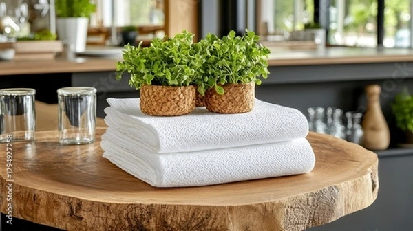 Fototapeta White Textured Towels and Small Potted Plants on Rustic Wooden Table