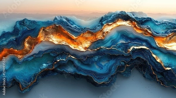 Obraz Abstract landscape of layered blue and gold textures under a soft sunrise, evoking tranquility