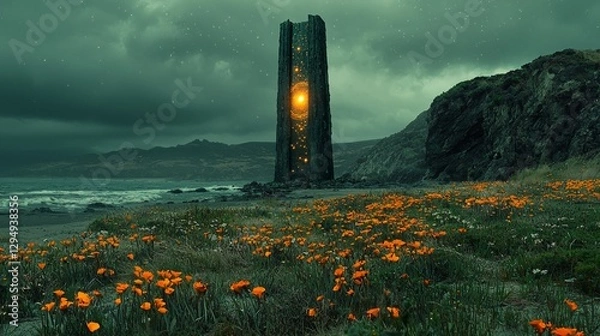 Obraz towering stone altar adorned glowing golden runes stands on hidden island. Its massive celestial disk spins slowly revealing constellations against night sky.