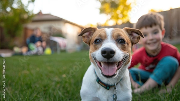 Fototapeta happy dog playing in backyard with children, enjoying sunny day