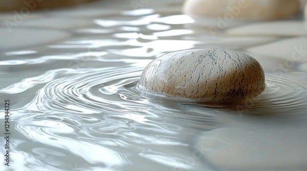Fototapeta Serene close-up of a smooth stone resting in tranquil water with gentle ripples and soft reflections