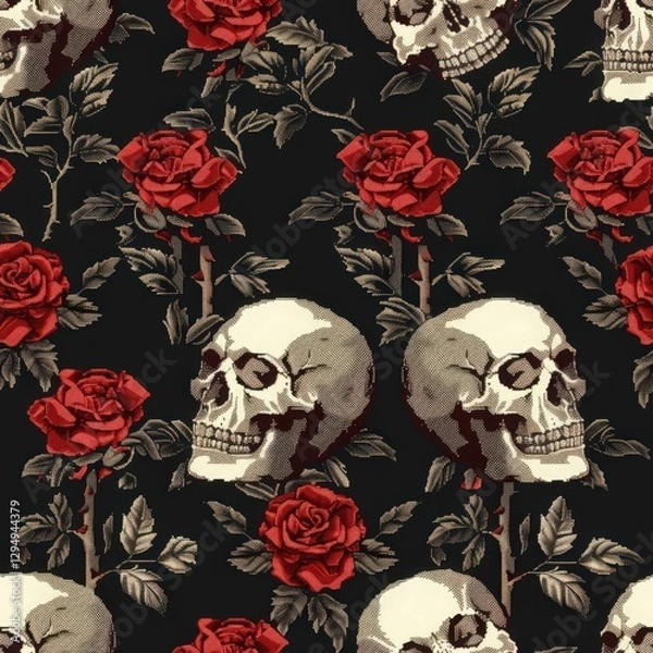Obraz Skulls and Roses Pattern Design
