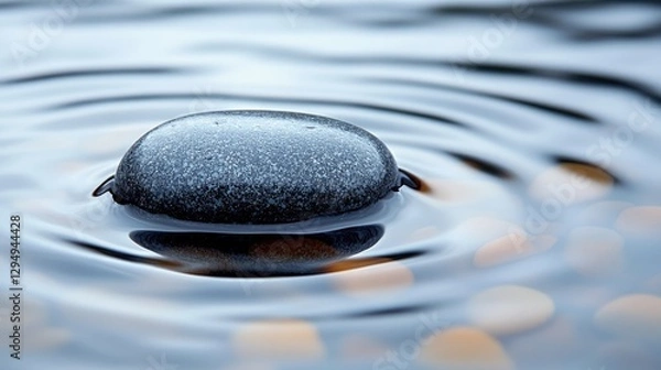 Fototapeta Smooth black stone resting on calm water surface with gentle ripples, serene natural setting