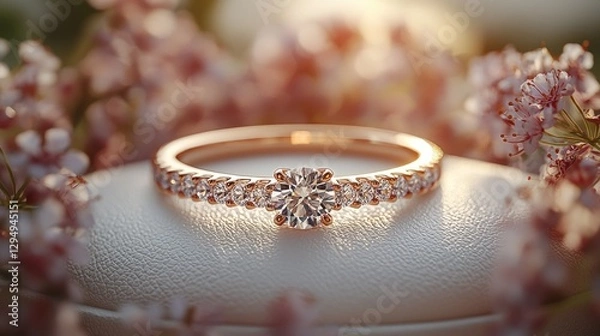 Obraz Elegant diamond ring displayed on soft cushion surrounded by delicate pink flowers in warm light