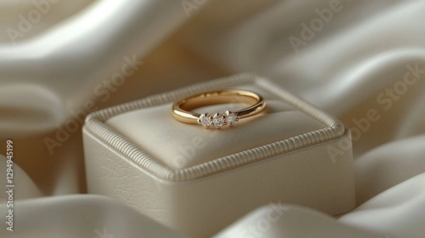 Fototapeta Elegant gold ring with three diamonds displayed on a soft, cream-colored satin background