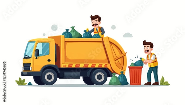 Fototapeta Vector illustration of sanitation workers collecting garbage and loading it into a waste truck, ensuring city cleanliness and environmental care.