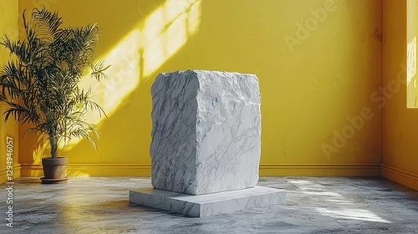 Obraz A minimalist marble sculpture displayed in a bright yellow room with natural light streaming in