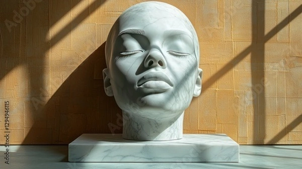 Fototapeta Elegant marble sculpture of a serene face illuminated by soft sunlight in a minimalist setting