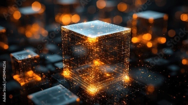 Fototapeta Abstract representation of glowing cubes in a dark digital environment with sparks