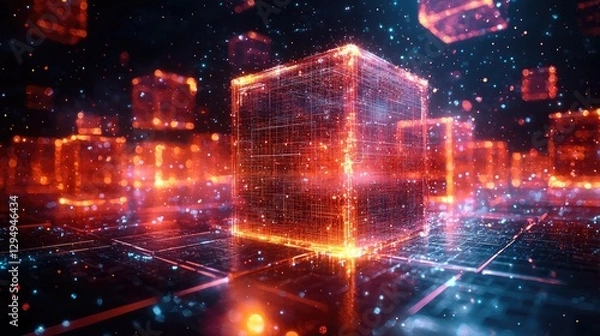 Obraz Futuristic digital landscape featuring glowing cubes and vibrant particles in a tech-inspired environment