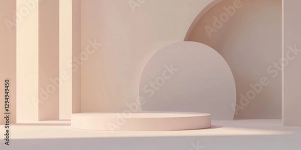 Fototapeta A minimalist modern 3D background featuring a smooth, white podium with soft diffused lighting. The clean geometric shapes, neutral color palette, and subtle gradients create a sleek and professional