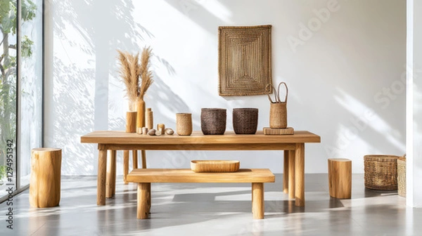 Fototapeta Minimalist setting featuring handmade crafts and wooden furniture, creating serene atmosphere