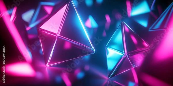 Obraz A sleek 3D abstract background featuring floating luminescent polygons, softly glowing in vibrant neon shades. The futuristic reflections and high-tech textures add a digital aesthetic.