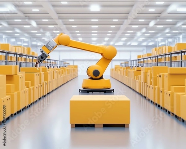 Fototapeta Automated robotic arm in warehouse setting.