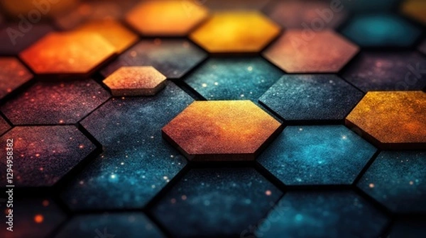 Fototapeta Abstract hexagonal pattern with vibrant colors creating a cosmic atmosphere, suitable for backgrounds