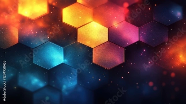 Fototapeta Vibrant abstract hexagonal pattern with glowing colors and a cosmic background effect
