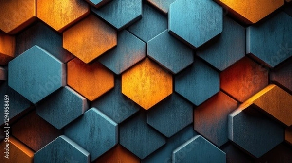 Fototapeta Abstract hexagonal pattern showcasing a blend of blue and orange tones with textured surfaces