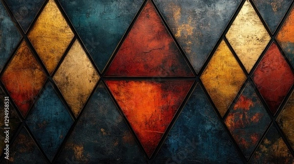 Fototapeta Abstract geometric pattern featuring colorful triangular shapes on a textured background