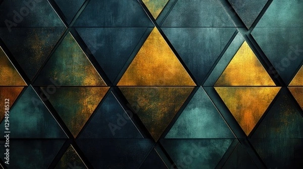 Fototapeta Abstract geometric wall design featuring triangular patterns in dark and golden hues