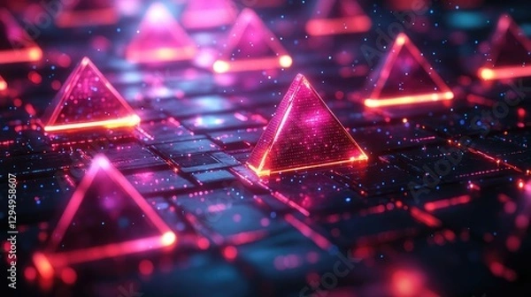 Fototapeta Vibrant neon pyramids illuminated on a digital grid, creating a futuristic and immersive atmosphere