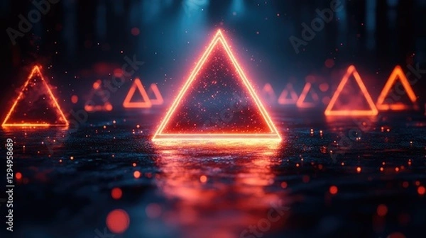 Fototapeta Neon-lit triangular shapes reflected in water, surrounded by a misty forest at night
