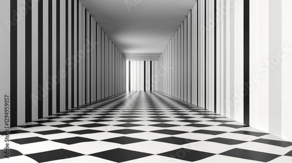 Fototapeta Abstract corridor with black and white striped walls and checkered floor, creating depth