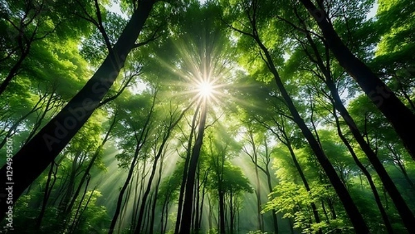 Obraz A forest view looking up at tall trees with bright sunlight shining through the canopy, a vibrant green landscape