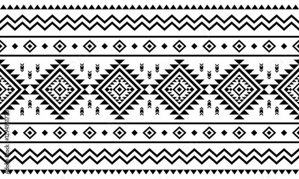 Fototapeta Southwest Aztec geometric Native American Mexican Navajo tribal ethnic boho indian texture ornament seamless pattern fabric black and white design vector for woven textile printing blanket rug carpet 