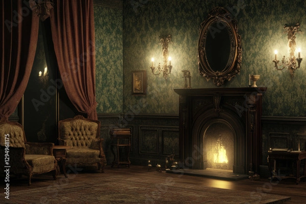 Fototapeta A mysterious Victorian-style 3D background room filled with antique furniture, an ornate fireplace, and dim candlelit sconces. Heavy curtains and vintage wallpaper set a gothic, haunted mansion mood.