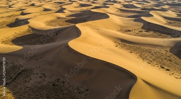 Fototapeta Aerial view of a desert with wind-sculpted sand dunes and long shadows