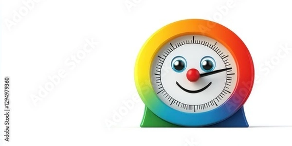 Fototapeta Rainbow Smiley Clock: A cheerful, colorful 3D rendered image of a clock with a happy face, perfect for kids or fun projects.