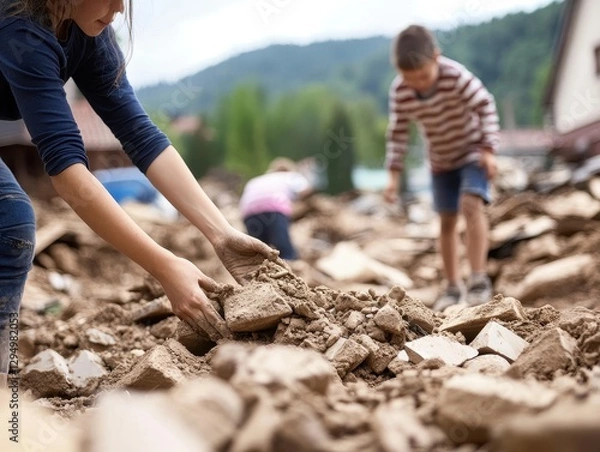 Fototapeta Disaster Relief: A Young Woman Works Tirelessly Amidst the Debris of a Devastated Community