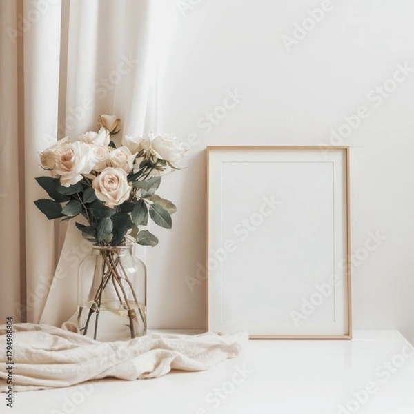 Fototapeta Boho poster mockup and flowers, boho background, beautiful poster mockup, vase with flowers