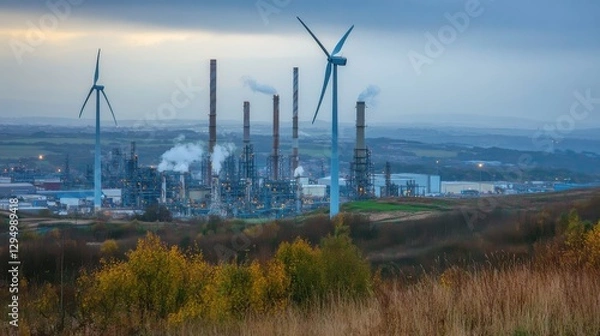 Fototapeta Industrial Landscape with Wind Turbines and Smoke Stacks Under a Cloudy Sky at Dusk