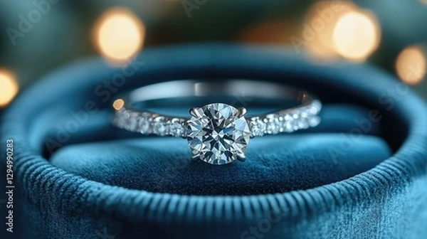 Obraz Stunning diamond engagement ring with intricate band resting on plush blue velvet, soft bokeh lights