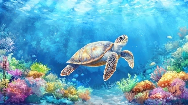 Fototapeta Vibrant Underwater Scene with Swimming Sea Turtle in Coral Reef Ecosystem
