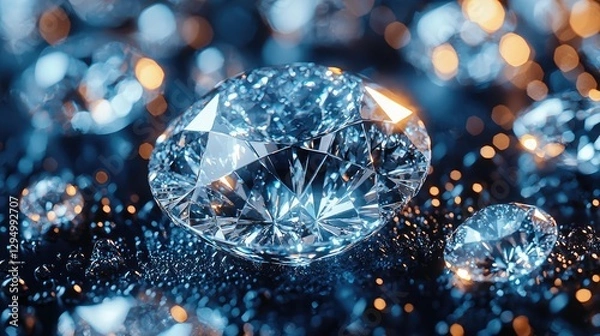 Obraz Close-up of sparkling diamonds on a reflective surface with a blurred bokeh background