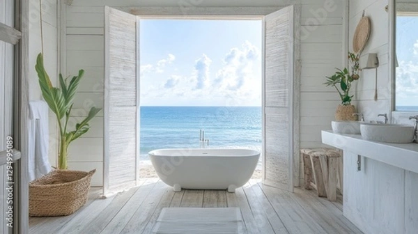 Fototapeta Serene Seaside Sanctuary: A bright and airy bathroom opens up to stunning ocean views. A free-standing bathtub, ample natural light, and minimalist decor create a spa-like atmosphere.
