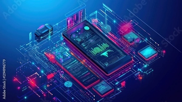 Fototapeta Futuristic smartphone displaying data analytics.