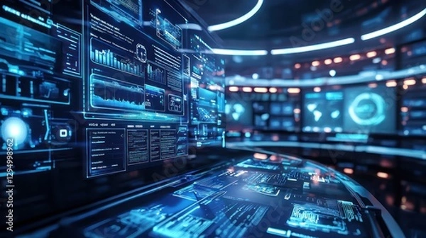 Fototapeta Futuristic digital interface displays data analytics on a large monitor in a modern control room.