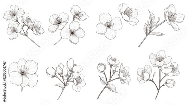 Fototapeta 和風桜の線画イラスト｜エレガントな桜アイコン集