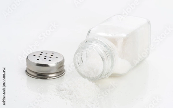 Fototapeta Salt shaker tipped over with granules scattered on a white surface in a kitchen setting