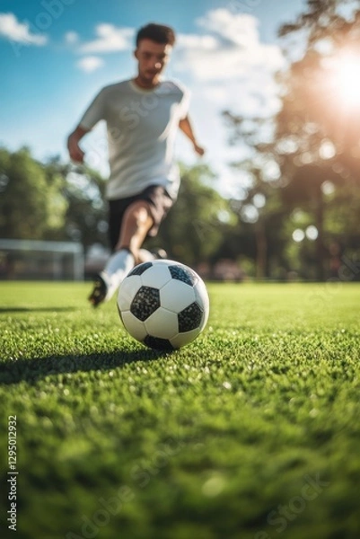 Fototapeta People playing soccer game in field.