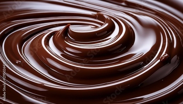 Fototapeta Extreme close-up of melted dark chocolate swirls, with a glossy surface reflecting soft highlights, showcasing the rich texture and luxurious allure.