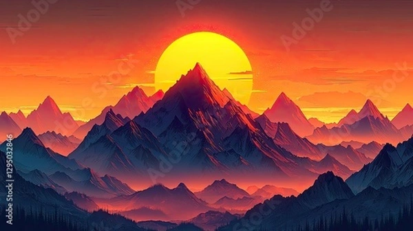Obraz Vibrant sunset over majestic mountains with layered peaks and serene foreground landscape