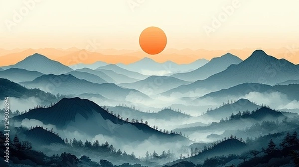 Obraz Serene sunset over misty mountains with layered hills and a tranquil atmosphere