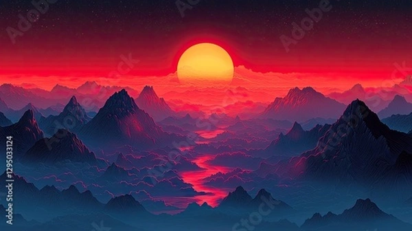 Obraz Vibrant sunset over majestic mountains reflecting in a serene river with a colorful sky