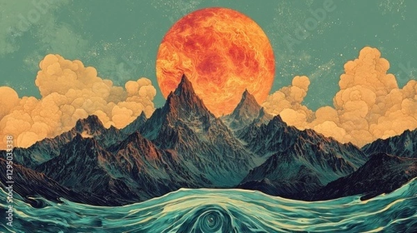 Obraz Vibrant sunset over majestic mountains with swirling ocean waves and dramatic clouds